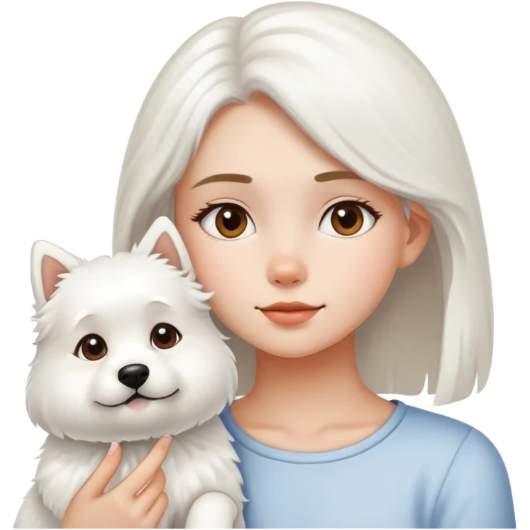 Girl looks at white fluffy dog emoji