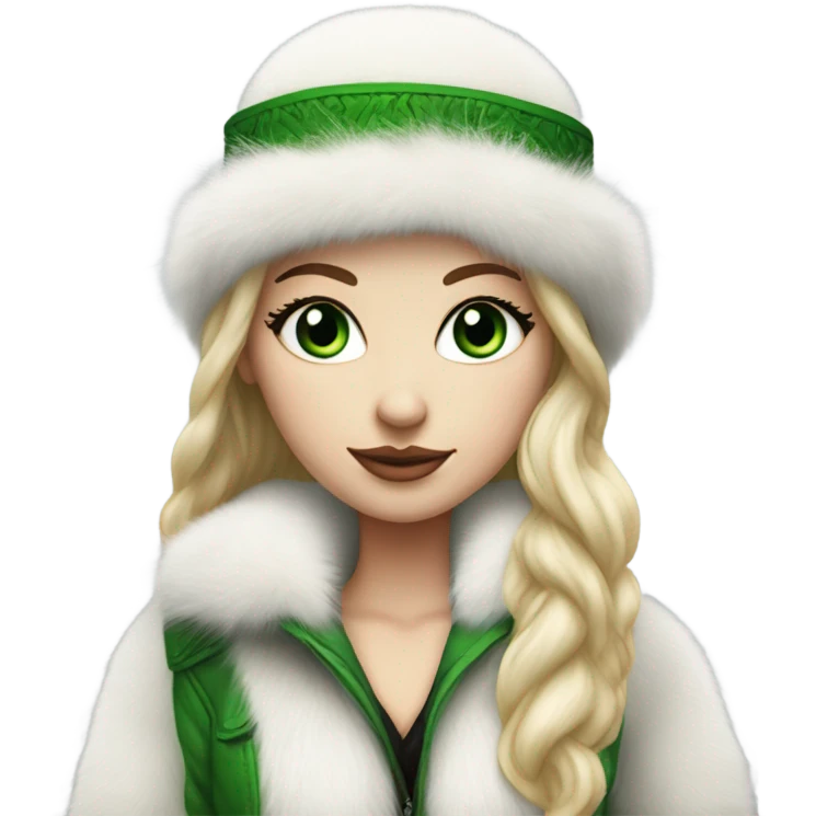 Realistic White girl with Long straight blonde hair, green eyes, tattoos, full body wearing white fur coat and fur hat emoji