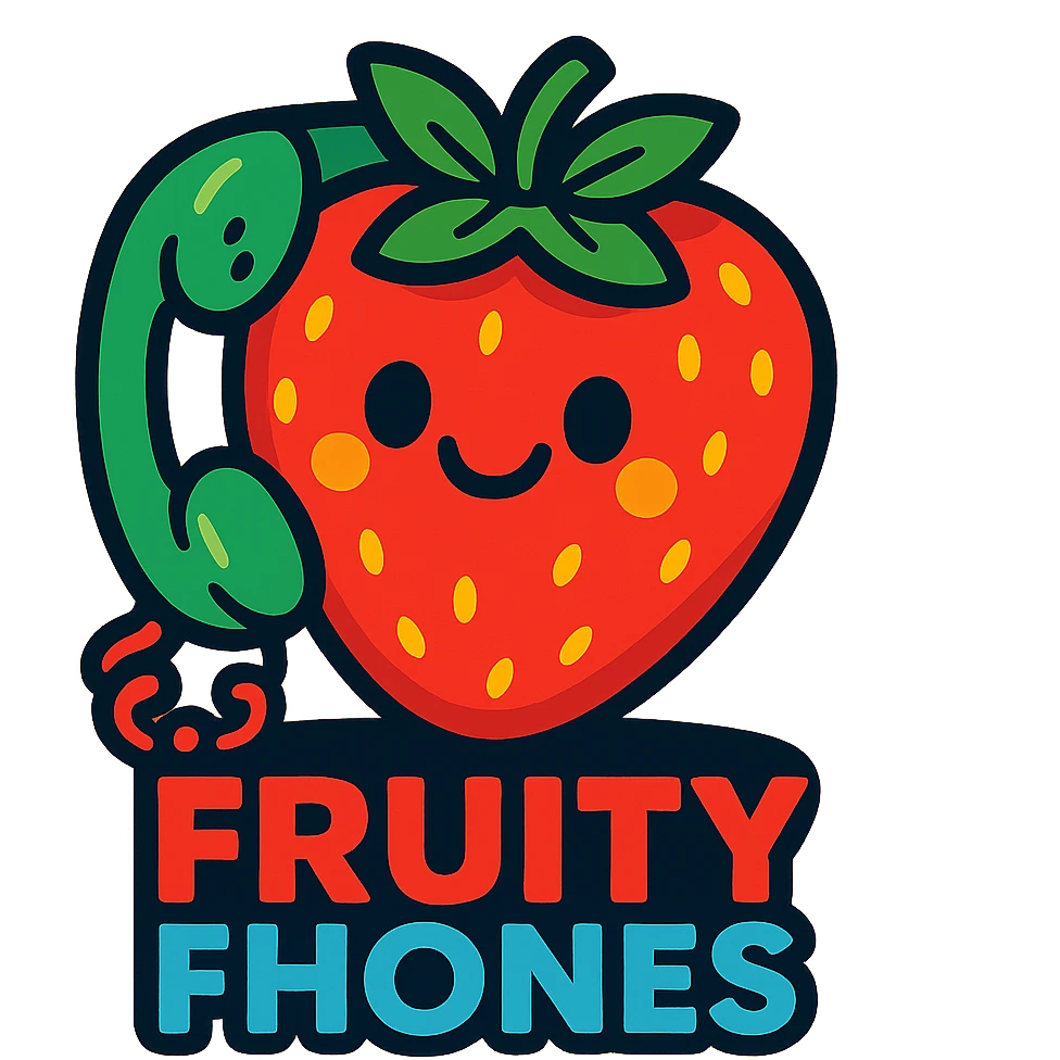 Fruity Fhones logo, a phone shaped as a strawberry, bright and friendly, for children's first phone brand emoji