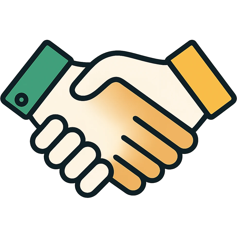 Edit the image to depict one Caucasian hand and one African American hand shaking with thinner black outlining. Use a professional style with a green, white, and gold color scheme. The look should be modern with rounded shapes and a simple design, with no background. emoji