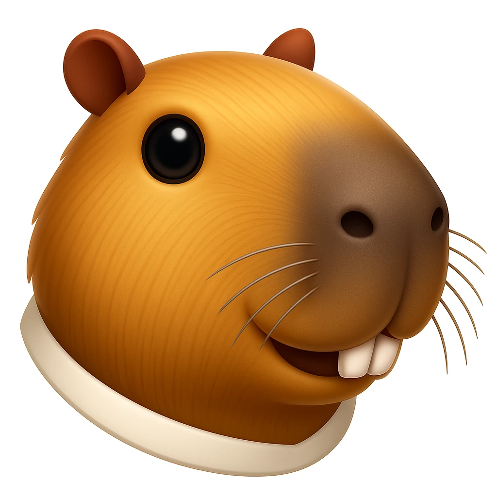 Create a capybara emoji that looks exactly like the reference image in iOS emoji style. The emoji should have a 3D appearance with shiny, smooth gradients, soft shadows, and a realistic capybara head with a classic emoji look. Add a glossy effect to the fur. emoji
