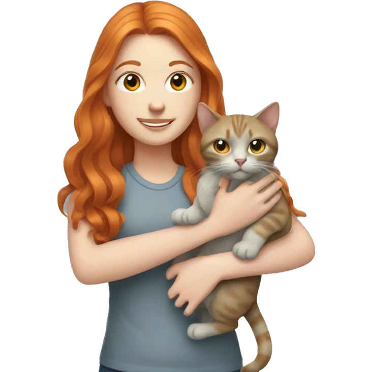 Ginger girl holding gray cat emoji