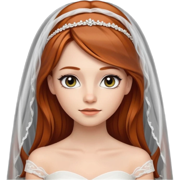 милая девушка невеста с фатой, с рыжими прямыми волосами по плечи, с черными макияжем глаз, тонкими бровями, в стиле Apple avatar emoji