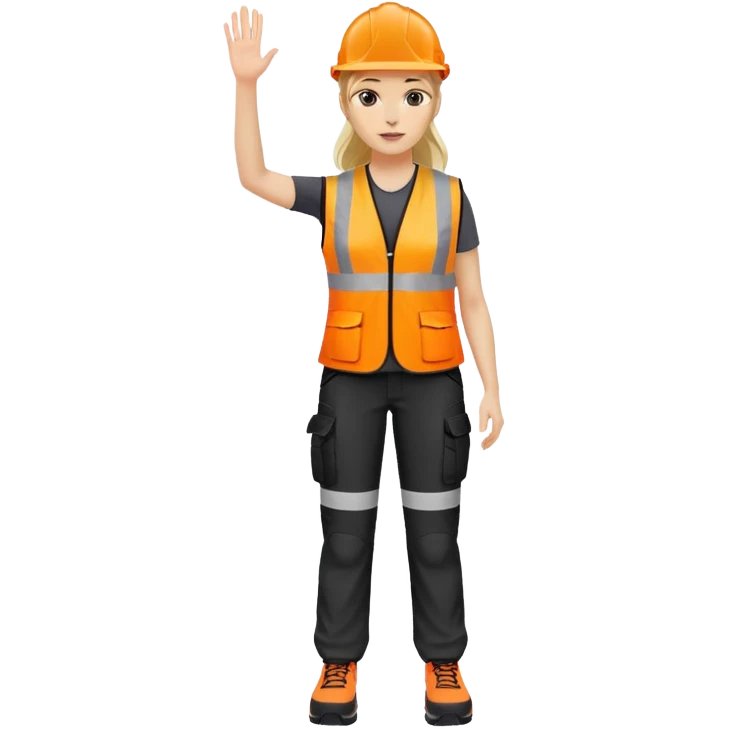 female, orange, hi-vis vest, dark trousers, no helmet, shoes, hand raised emoji