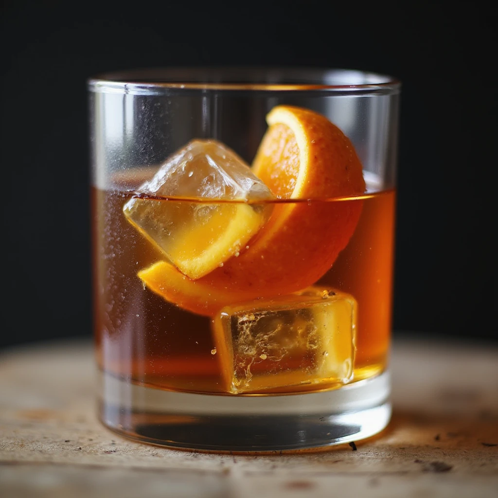 realistic old fashioned cocktail in a glass with orange twist, ice, photorealistic style, transparent background emoji