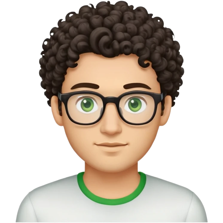 young man with dark tall voluminous curly hair styled up high on head, wearing glasses with green eyes and very light stubble, with a slight smile emoji