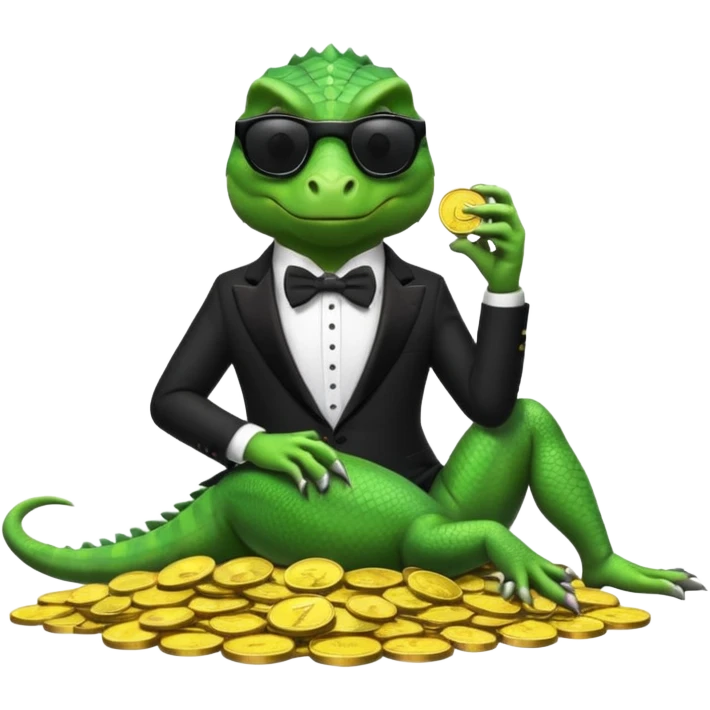 capitalist iguana banker in tuxedo and black sunglasses lying comfortly on coins emoji