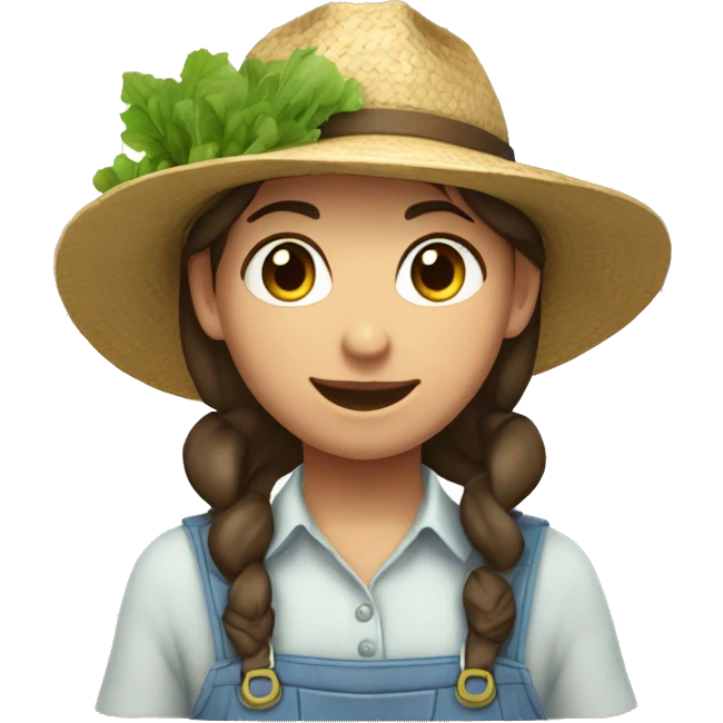 farmer girl, light blue eyes, dark brown hair, with a straw hat, ponytail, holding greens emoji