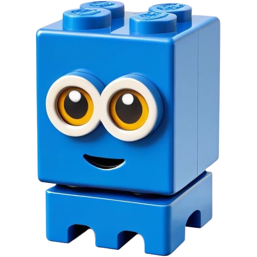 A bright blue Lego building block with big eyes and a happy expression emoji