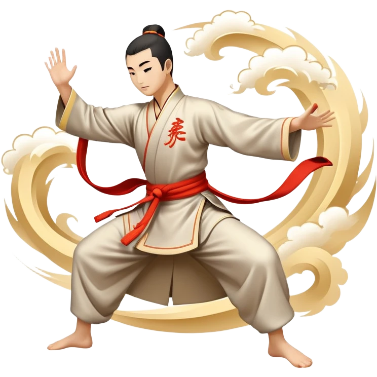 Emblem symbolizing Wushu martial arts. A graceful martial artist performs a dynamic kung fu pose, with flowing movements and a long, elegant robe. The background features stylized clouds and traditional Chinese symbols, representing fluidity, balance, and precision. Transparent background. emoji