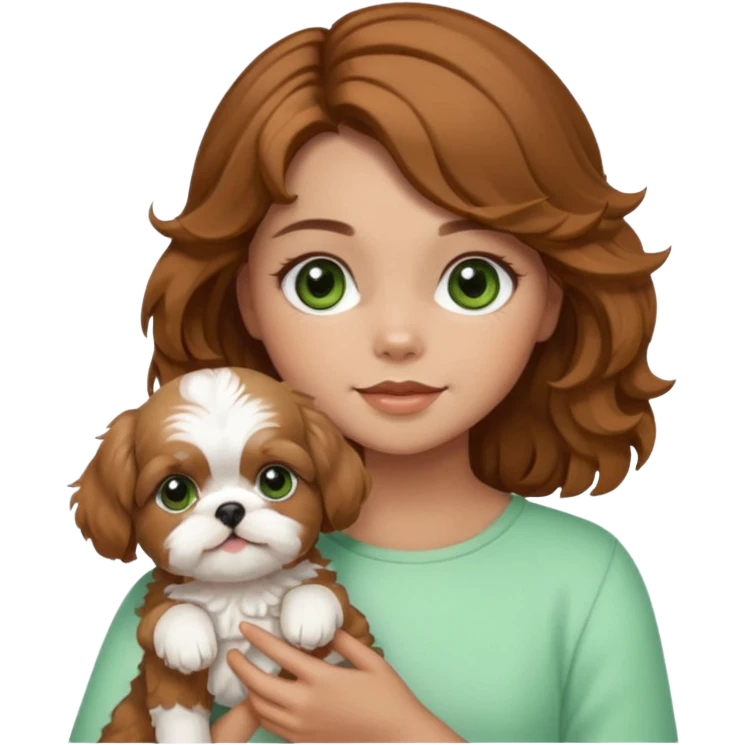 cachorro shihtzu caramelo e branco, no colo de uma menina de cabelo cacheado castanho com mechas claras e olhos verdes. emoji
