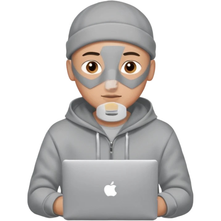 bald young programmer with MacBook wears huudy emoji
