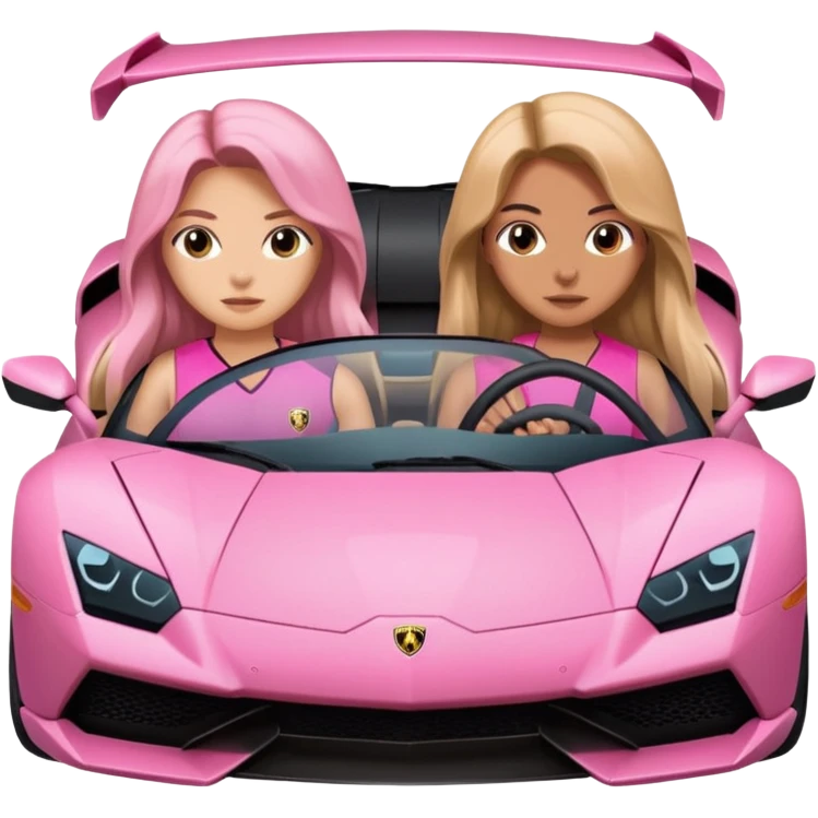 Make car far away so I can see full car Car facing forward in sports car. Make hair long  two girls in car far away Front of car sitting in the seats. Make it a pink sports car. They are two baddies make it a Lamborghini pink car  emoji