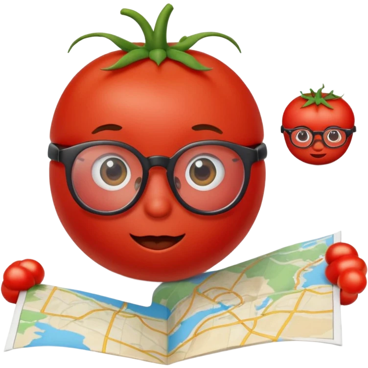 cute tomato wearing glasses, looking at a map emoji
