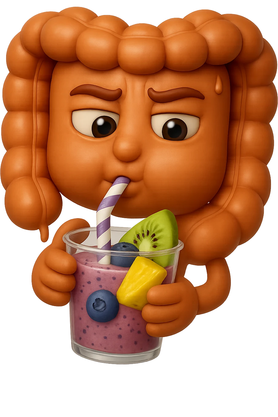 EMOJI STILE IPHONE DI un intestino umano anatomico che beve un frullato di mirtilli, ananas, kiwi, fagli anche la parte bianca degli occhi, non solo le pupille, REALISTICo 4K emoji