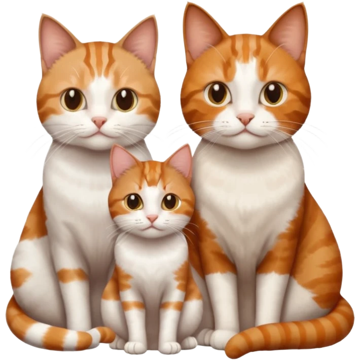 3 sibling cats all different natural colours; 1 is ginger and white, the next is brown tabby and white and the third is a calico emoji