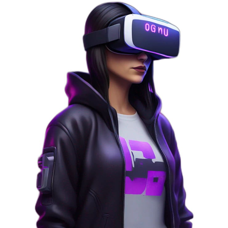 Cathie Wood wearing a black hoodie with "OMG" letters on it and VR headset in a cyberpunk VR environment with violet neon lighting. emoji