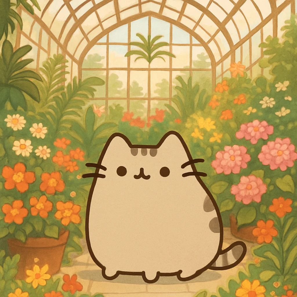 beige pusheen kitten in a botanical garden greenhouse filled with flowers emoji