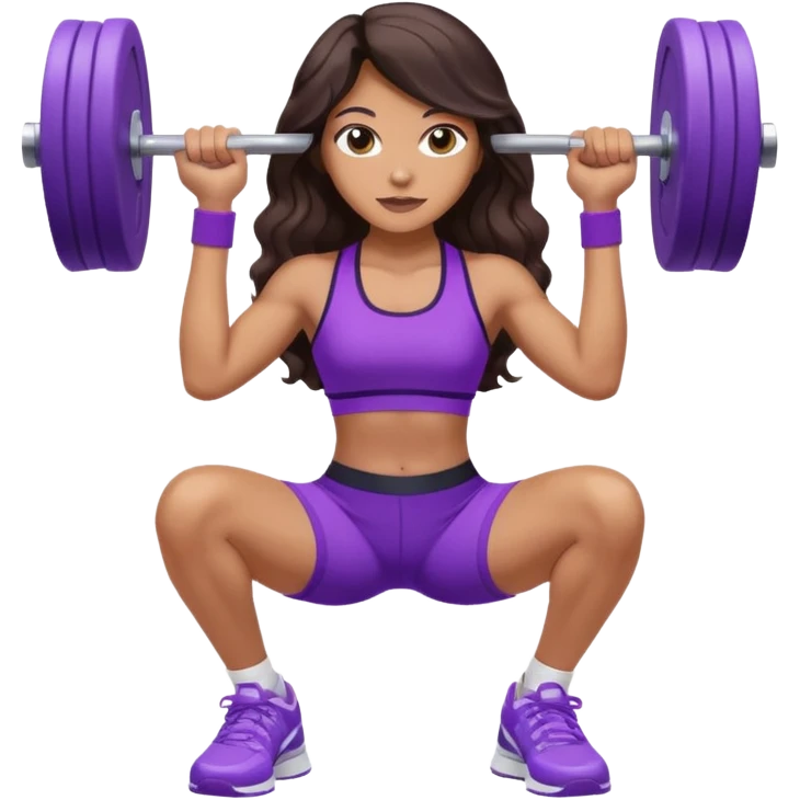 mujer de tez trigueña, con cabello castaño oscuro ondulado no muy marcado, hasta la cadera super largo estilizado, con ropa deportiva morada/lila, tenis blancos deportivos y levantando una pesa emoji