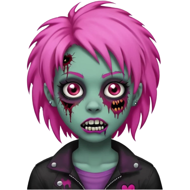girl, zombie, pink coily hair, medium long, emo, shaggy, dark, spooky, piercing on eyebrow, colourful teeth, creepy blank expression emoji