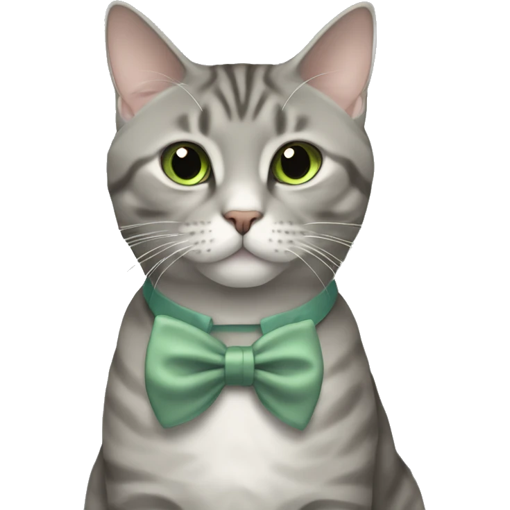 Aesthetic fat grey tabby British short hair full body cat with sage green bow tie emoji