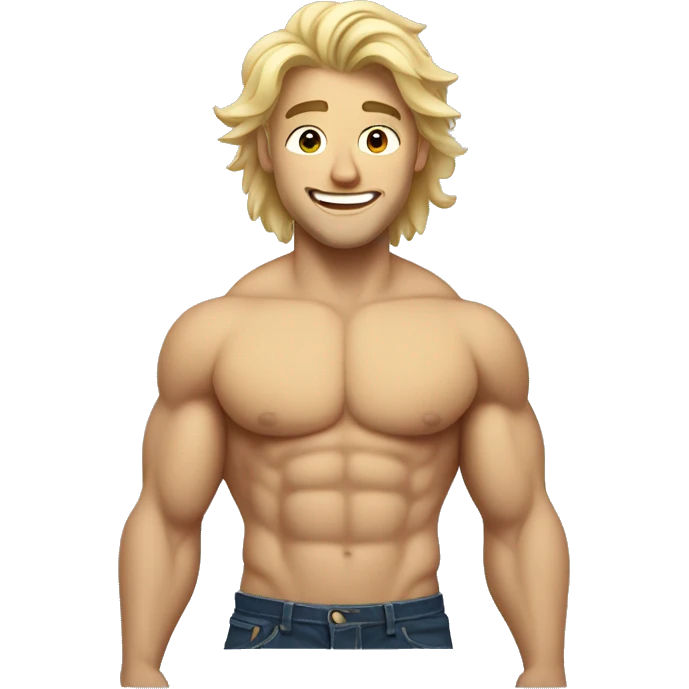 Very attractive blonde man  with muscles showing waist and above with messy hair and a happy trail emoji