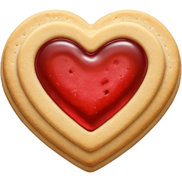 Realistic shortbread cookie in the shape of a heart with red jelly middle filling and sprinkled powder sugar on top. emoji