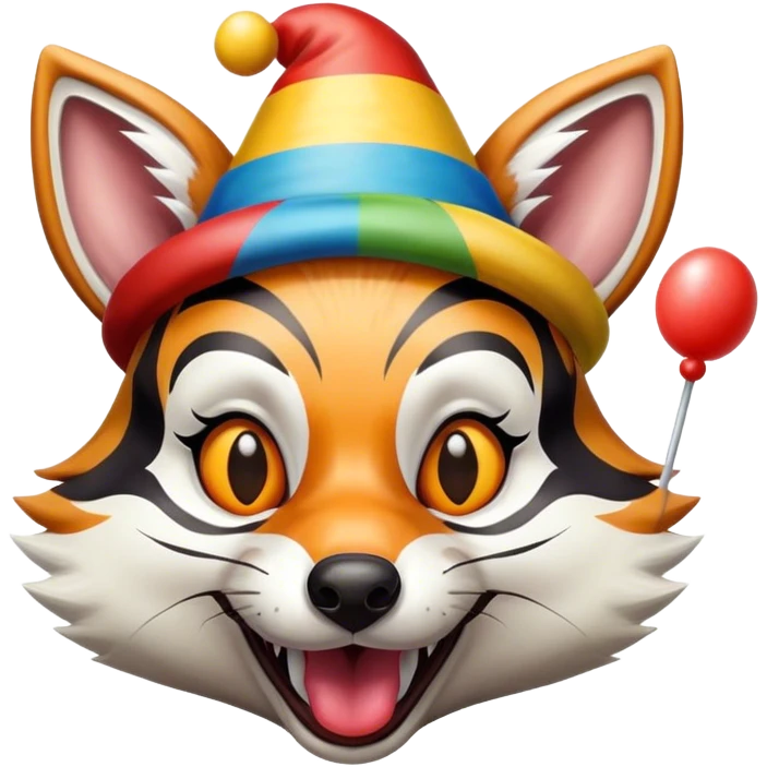 Renard zèbré tirant la langue avec un chapeau de clown sur la tête emoji