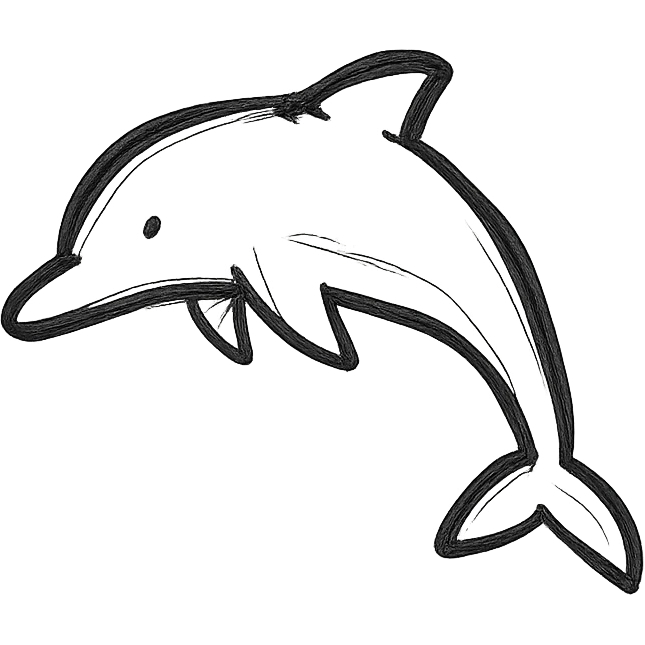 black dolphin, stylized, cartoonish, hand drawn style, playful, minimal detail emoji
