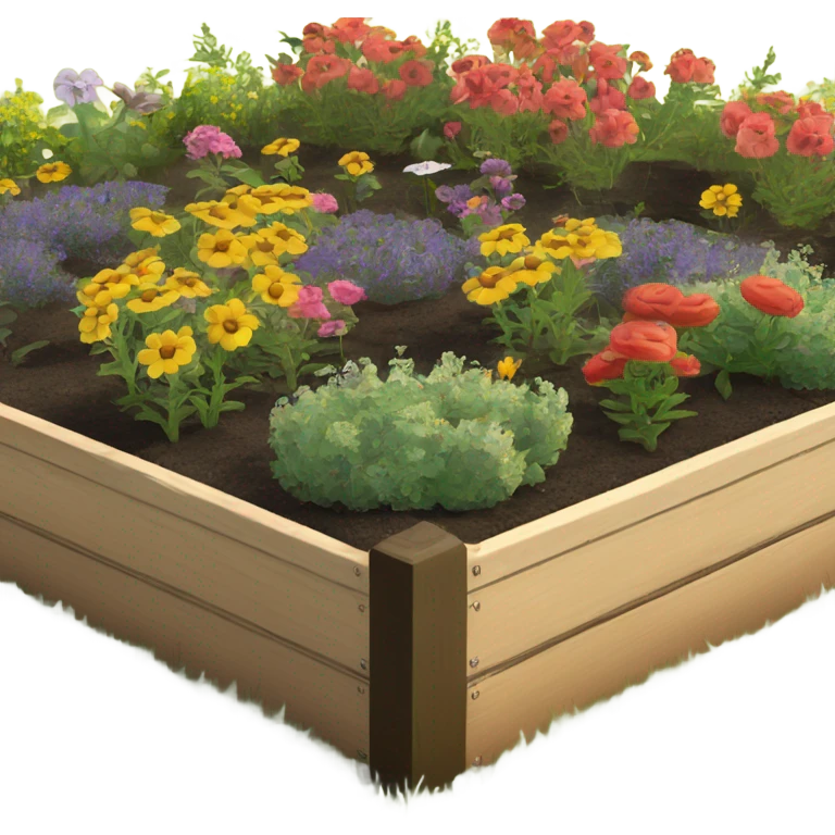Raised garden bed 2” x 3” in between 4 honeybee hives with flowers in the gardens  emoji