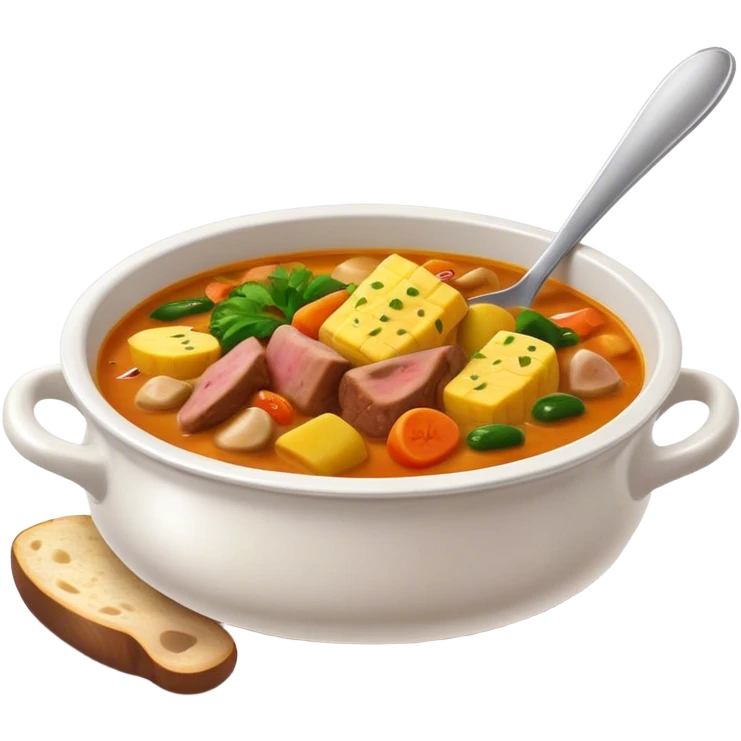 Cinematic Realistic Sancocho Soup Dish Emoji, featuring a rich, hearty stew with diverse meats and vegetables rendered with lifelike detail and warm, comforting lighting. emoji