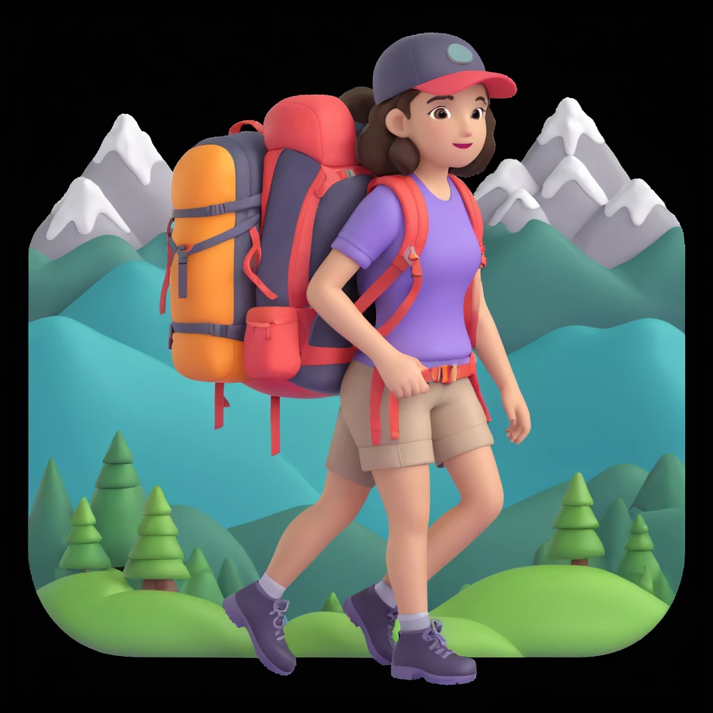 girl back packing mountains in background, close up pose emoji
