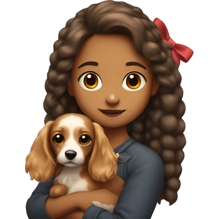 girl holding cute fluffy dashund with a bow in her hair emoji