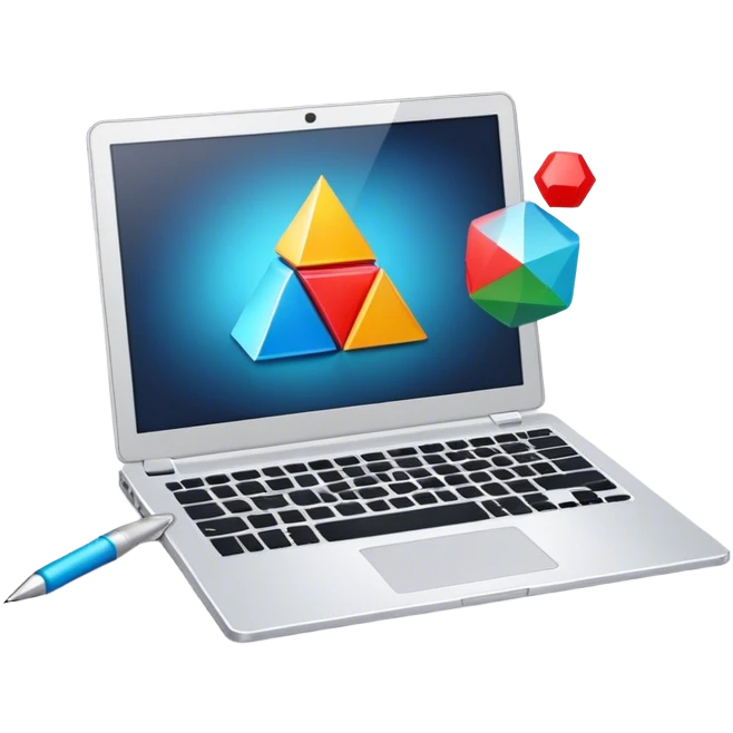 Professional icon for Graphic Design: a laptop with Photoshop open on the screen, displaying geometric shapes like spheres, cubes, and pyramids, along with a stylus. The icon should reflect the creative process in graphic design. Transparent background. emoji