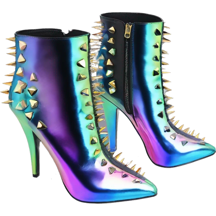 Realistic isolated top front view of a pair of Iridescent ombre studded spike heel ankle bootie boots.  emoji