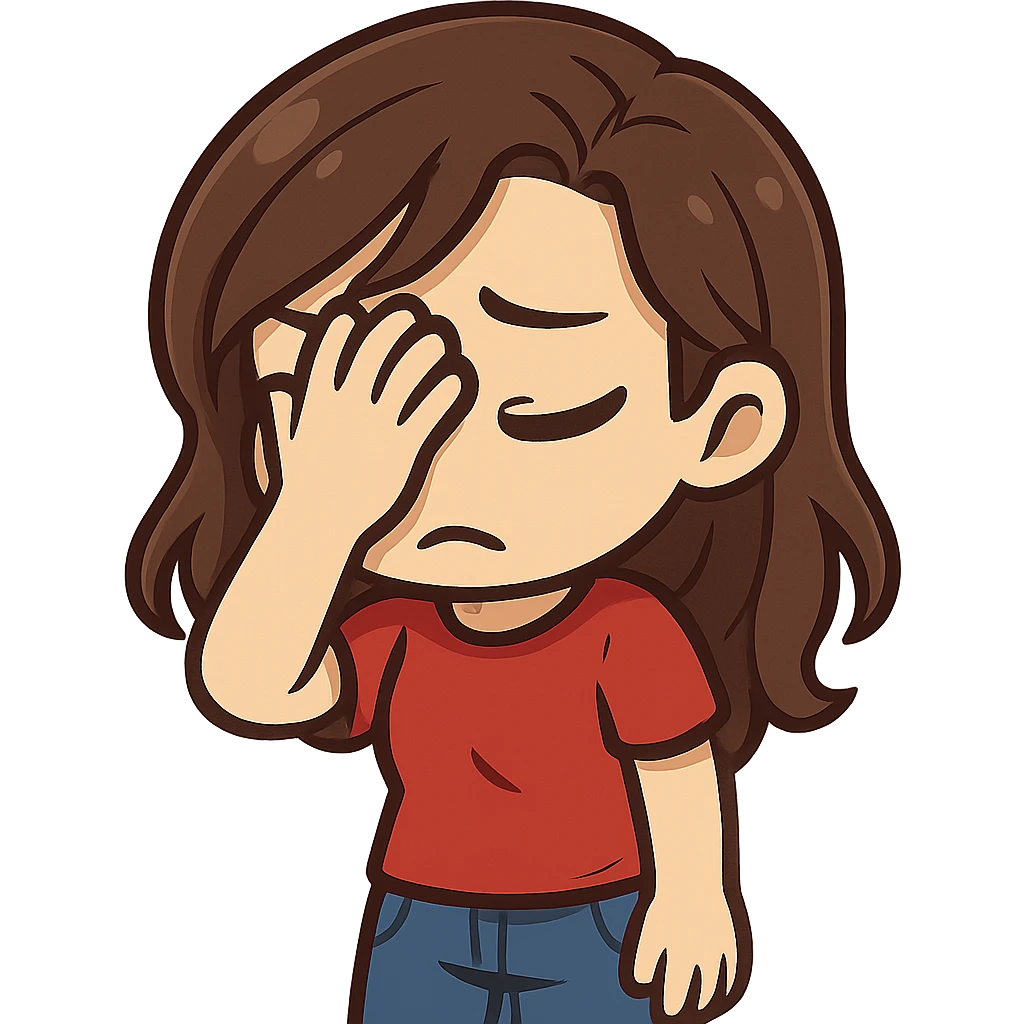 chibi emote of a woman in a red t-shirt and jeans, facepalming, no headband, no sparkles, no wand, transparent background emoji
