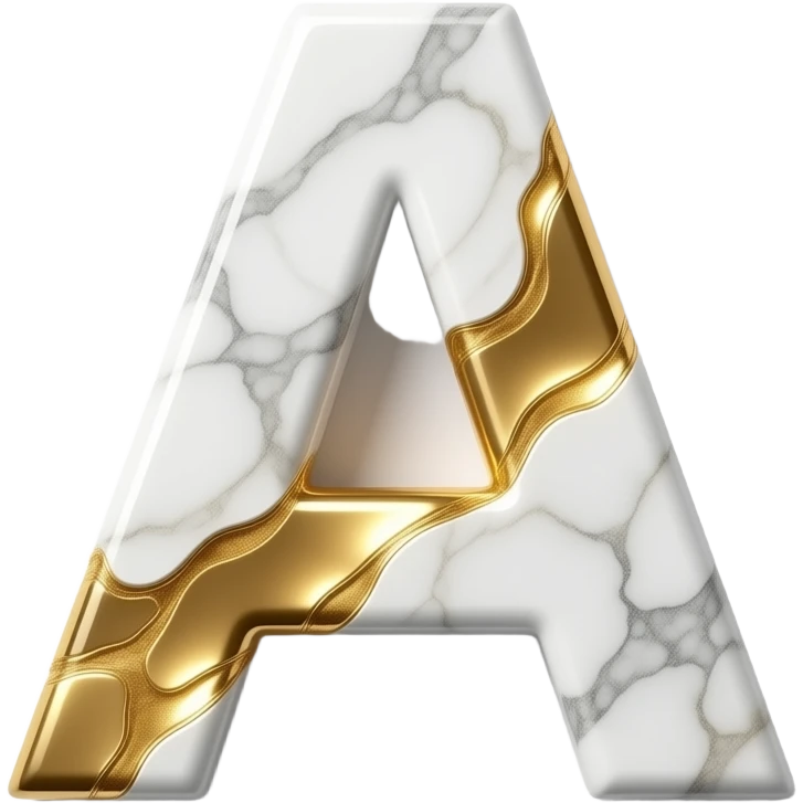 A luxurious uppercase letter 'A' crafted from polished white Carrara marble with deep veins of glowing liquid gold flowing through it. High-end jewelry aesthetic, soft studio lighting, elegant and Luxurious Marble Letter. emoji