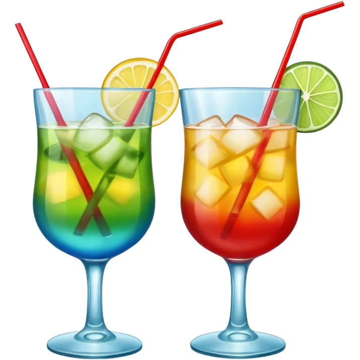 Create an emoji of two cocktails cheers action, one glass of green and yellow color and one glass of blue and red, without any fruit, make a toast asction emoji
