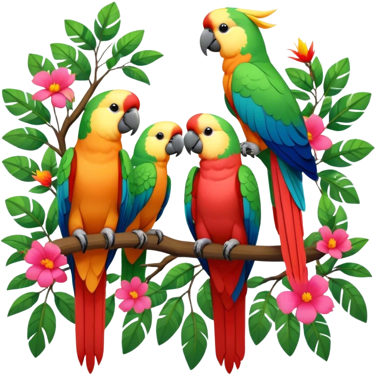 Close-up collage of vibrant Ara parrots and Inca cockatoos sitting on tree branches, surrounded by lush greenery. Bright colors of the birds stand out against a natural, sunny background of trees and flowers. Transparent background. emoji