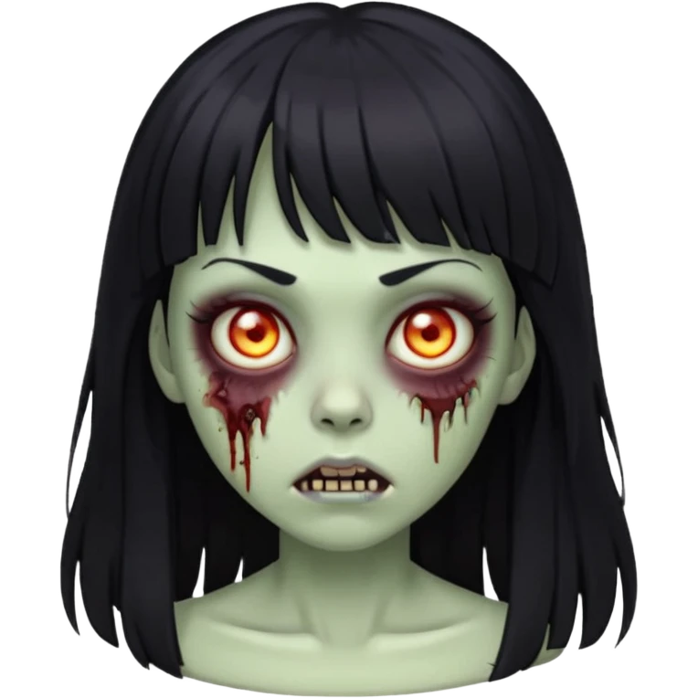 zombie girl emoji with black hair, bangs, long hair, and glowing eyes emoji