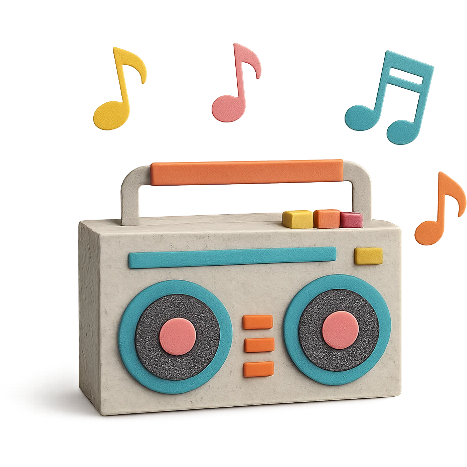 paper-craft style boombox with colorful musical notes floating around emoji