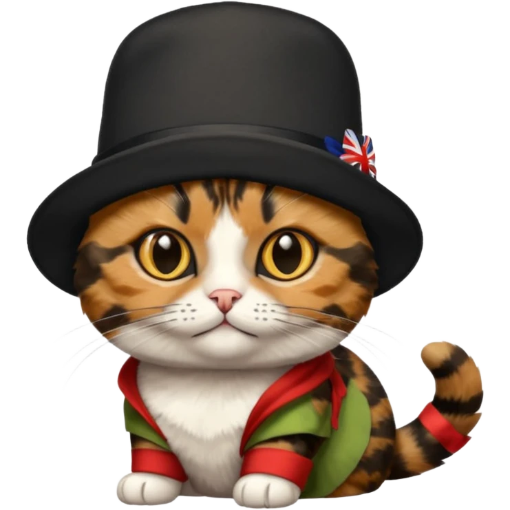 tortoiseshell cat with a british hat. mostly black and brown emoji