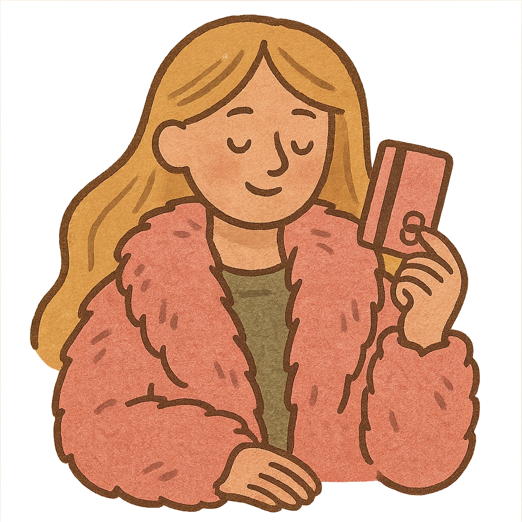 stylish blonde girl in pink fur, long hair, holding a pink credit card, modern and chic emoji