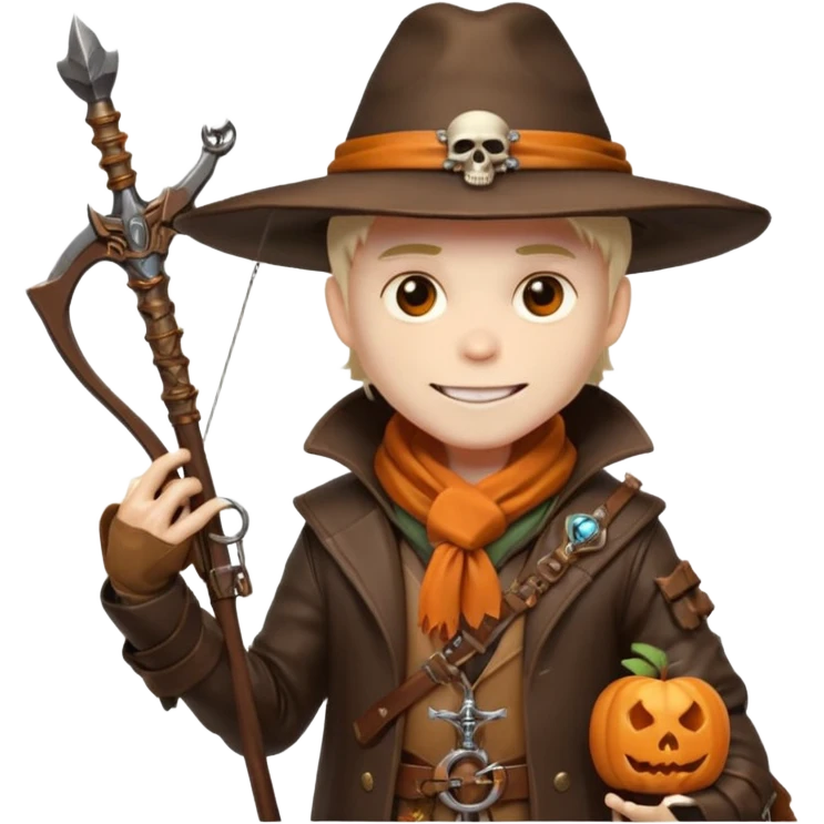 male human monster hunter emoji, wearing brown leather coat and wide hat, holding crossbow, with amulet shaped like skull, Halloween fantasy theme, confident smile, orange scarf, Apple emoji style, clean white background, square image emoji
