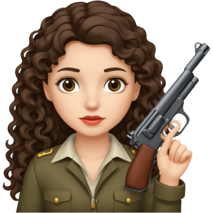 A brunette with long wavy, curly hair girl who is about to kill herself with a littlr gun pointed at her temple emoji