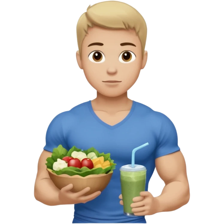 A young male person with a muscular, well-defined build. He has short dark blonde hair, a medium light skin tone, and a neutral facial expression. He wears blue cloth. He is holding a salad in one hand and a protein shake in the other. emoji