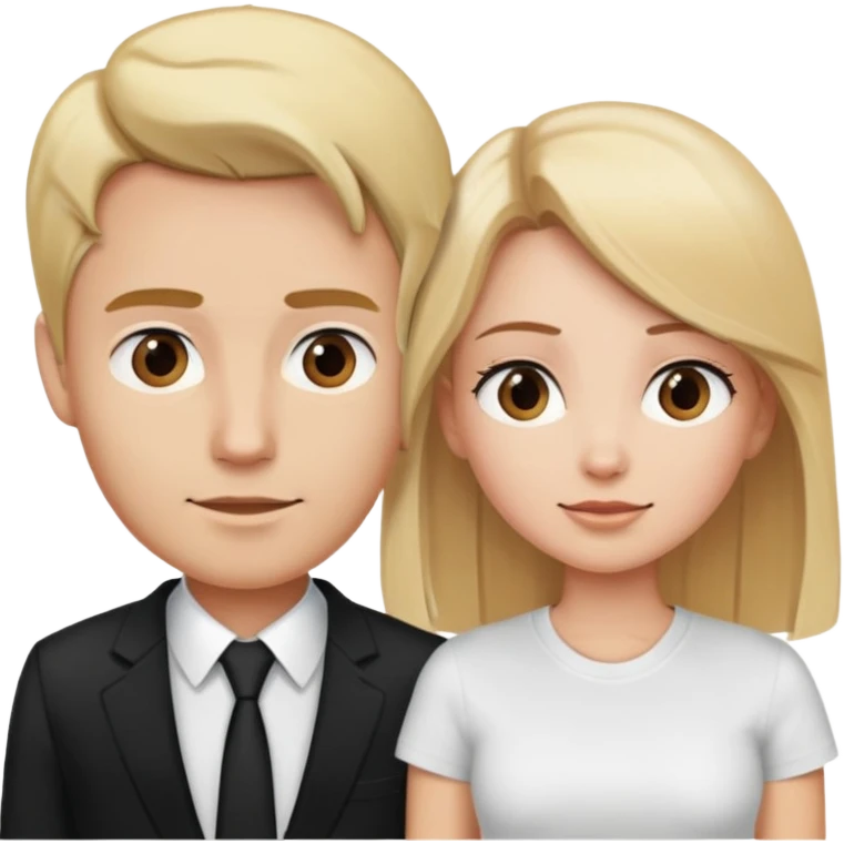 blonde woman in black suit talking to brown-haired man in white t-shirt emoji