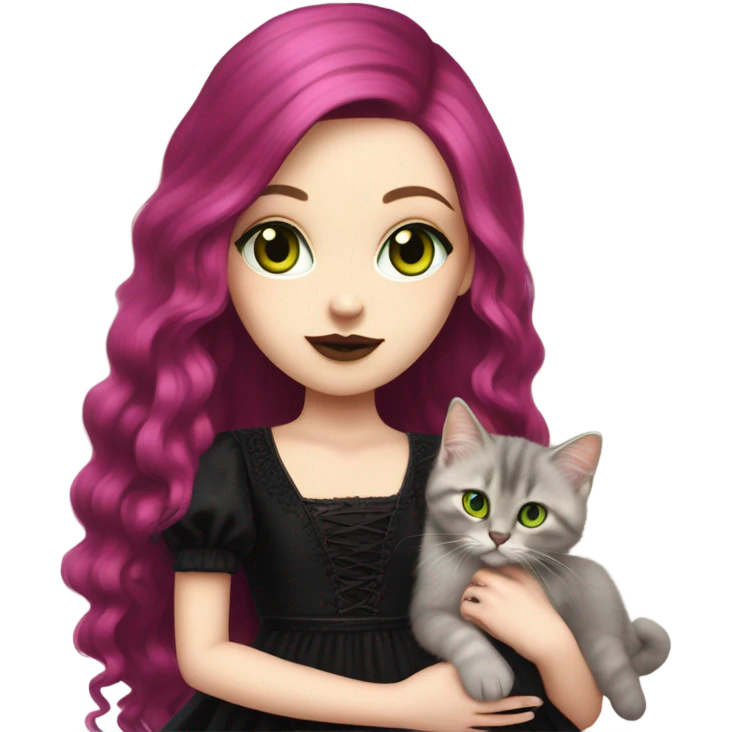 Pretty portrait of White girl. The Girl has Long Magenta Hair. Soft gothic make up and gothic dress. Holding her Cat. The cat is golden british longhair kitten with Green Eyes. emoji