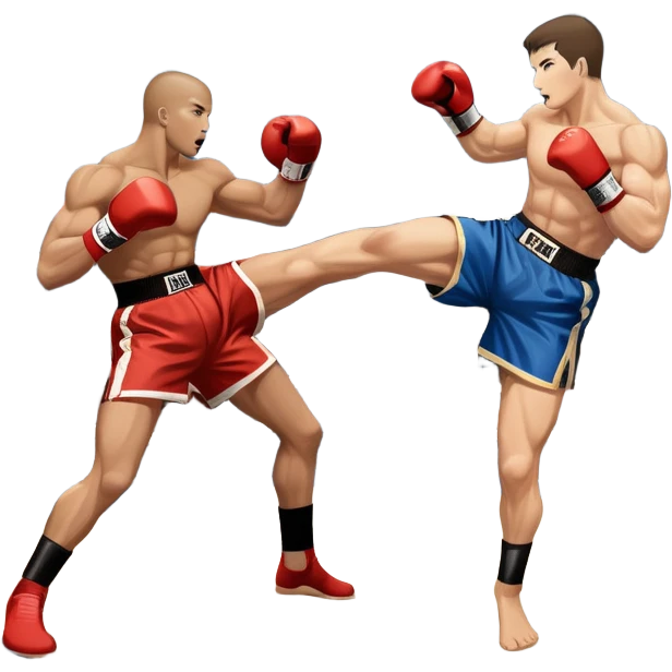 An icon symbolizing kickboxing, featuring two fighters in the midst of an intense match. One throws a powerful roundhouse kick, while the other counters with a punch. The background shows a ring, with ropes and a cheering crowd. Transparent background highlights the action and strength emoji