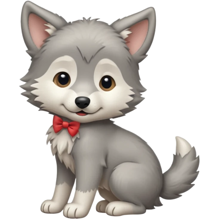 an animated gif-style sticker emote of a wolf puppy in a play bow wagging its tail in a smooth, natural arc over its back  emoji